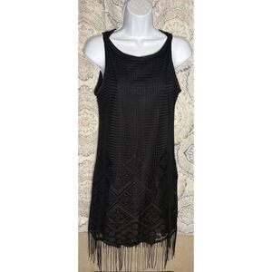 Vintage Hana Black Fringe Bohemian Mini Dress Size Medium Sleeveless J17290K